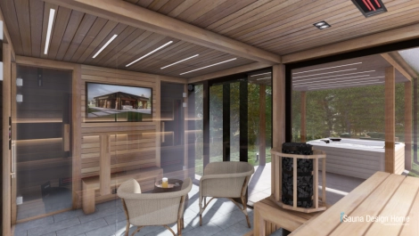 Interiér moderného wellness s pohľadom na vonkajší relaxačný priestor Interiér moderného wellness s pohľadom na vonkajší relaxačný priestor