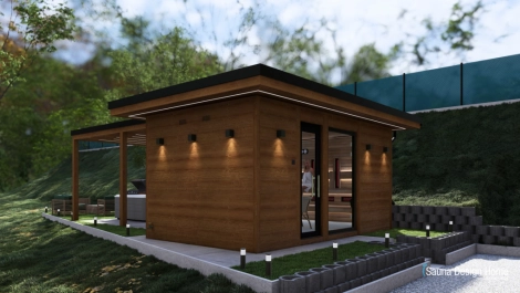 Moderná vonkajšia sauna obklopená zelenou prírodou Moderná vonkajšia sauna obklopená zelenou prírodou