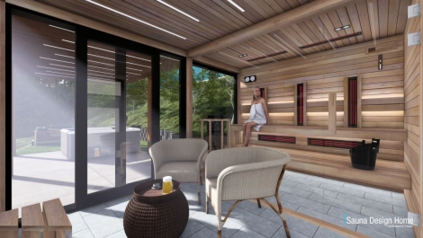 Návrh interiéru moderného domáceho wellness s vonkajším výhľadom Návrh interiéru moderného domáceho wellness s vonkajším výhľadom