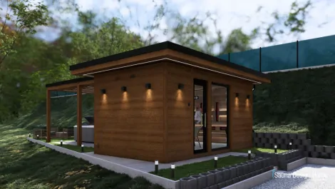Moderná vonkajšia sauna obklopená zelenou prírodou Moderná vonkajšia sauna obklopená zelenou prírodou